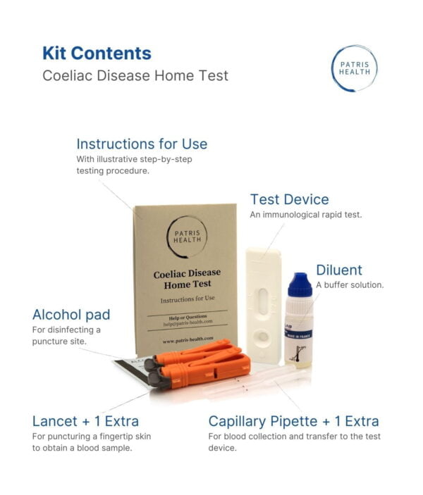 Patris Health® Coeliac Disease Home Test Kit Contents.