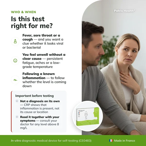 Infographic showing who the Patris Health CRP Home Test is suitable for