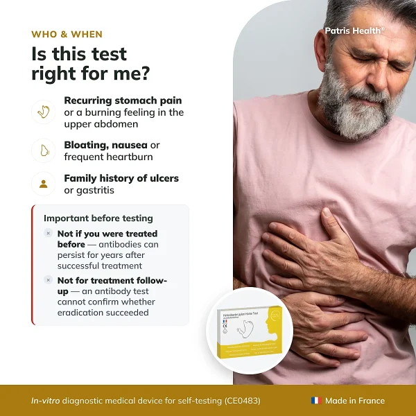 Overview of the Patris Health Helicobacter pylori Home Test with purpose, marker, sample and testing time