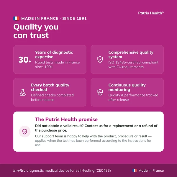 Quality highlights of the Patris Health Pregnancy Blood Test made in France