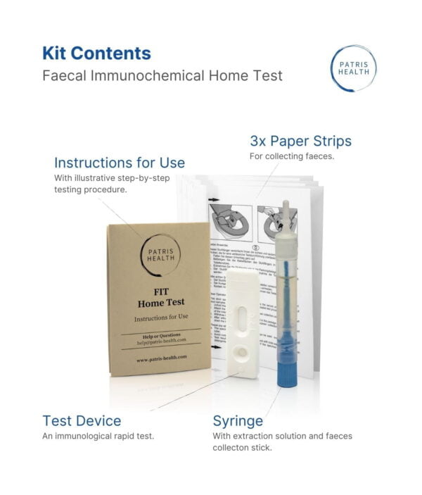 Patris Health® Faecal Immunochemical Test Kit Contents