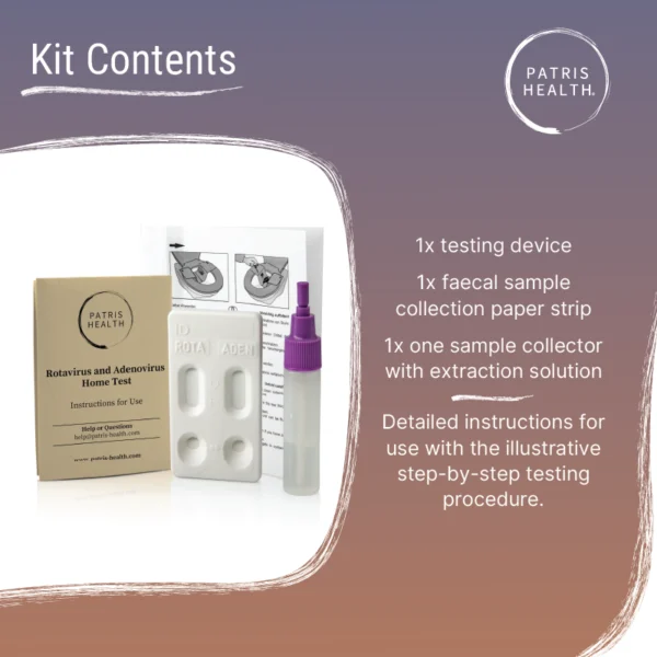 Display of the Patris Health® Rotavirus & Adenovirus kit contents.