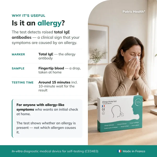 Overview of the Patris Health Allergy Home Test with information about its purpose, marker, sample and testing time