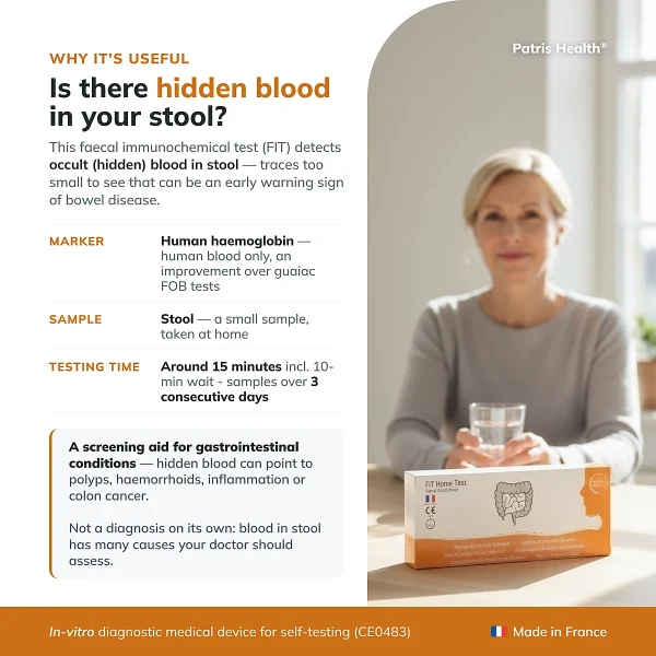 Overview infographic of the Patris Health FIT Home Test with key product information