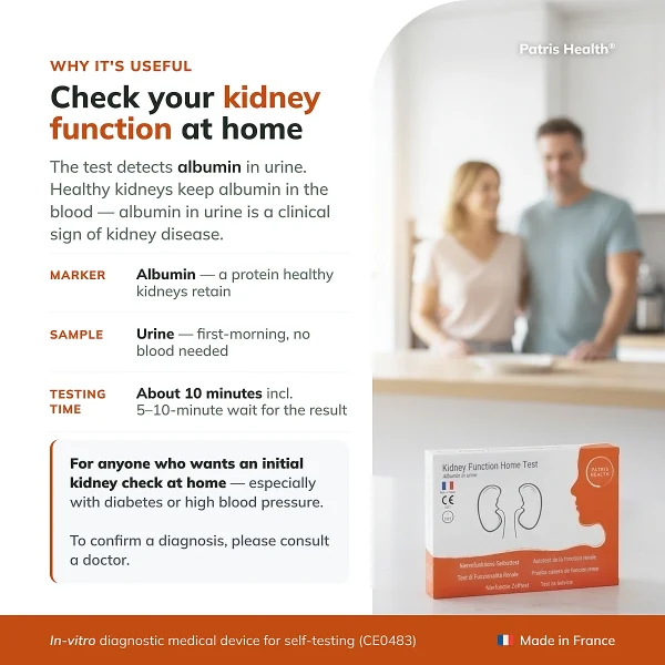 Overview infographic of the Patris Health Kidney Function Home Test with key product information