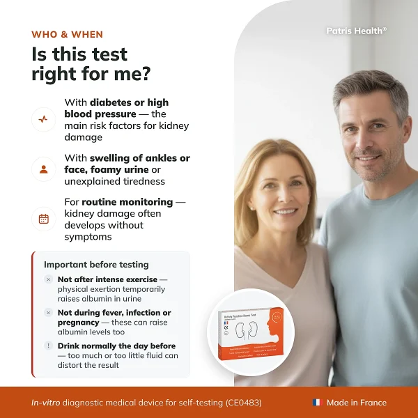Infographic showing who the Patris Health Kidney Function Home Test is suitable for