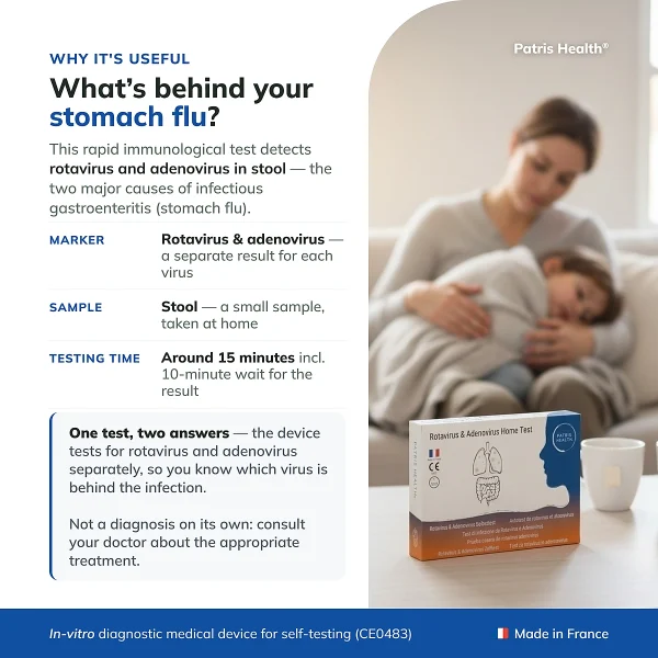 Overview infographic of the Patris Health Rotavirus and Adenovirus Home Test with key product information