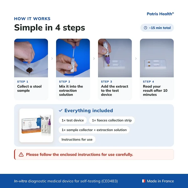 4-step instructions for using the Patris Health Rotavirus and Adenovirus Home Test