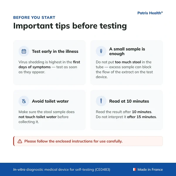 Important tips before using the Patris Health Rotavirus and Adenovirus Home Test
