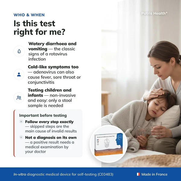 Infographic showing who the Patris Health Rotavirus and Adenovirus Home Test is suitable for