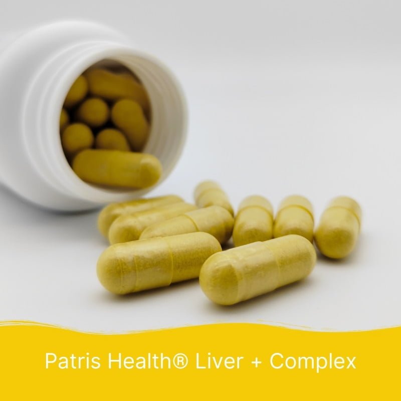 The Liver + Complex mustard color powder in capsules made from vegetable cellulose.