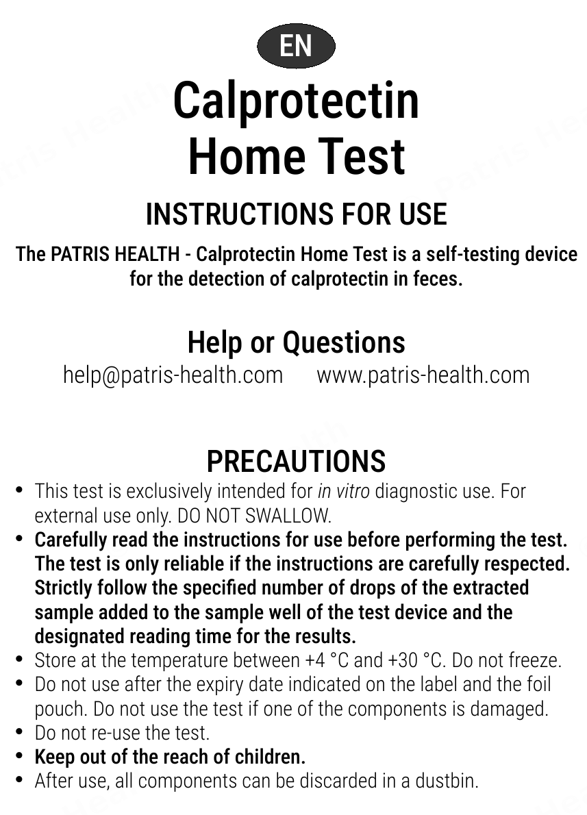 Patris Health Calprotectin Home Test instructions for use – precautions
