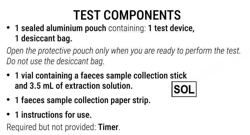 Patris Health Calprotectin Home Test instructions for use – test components