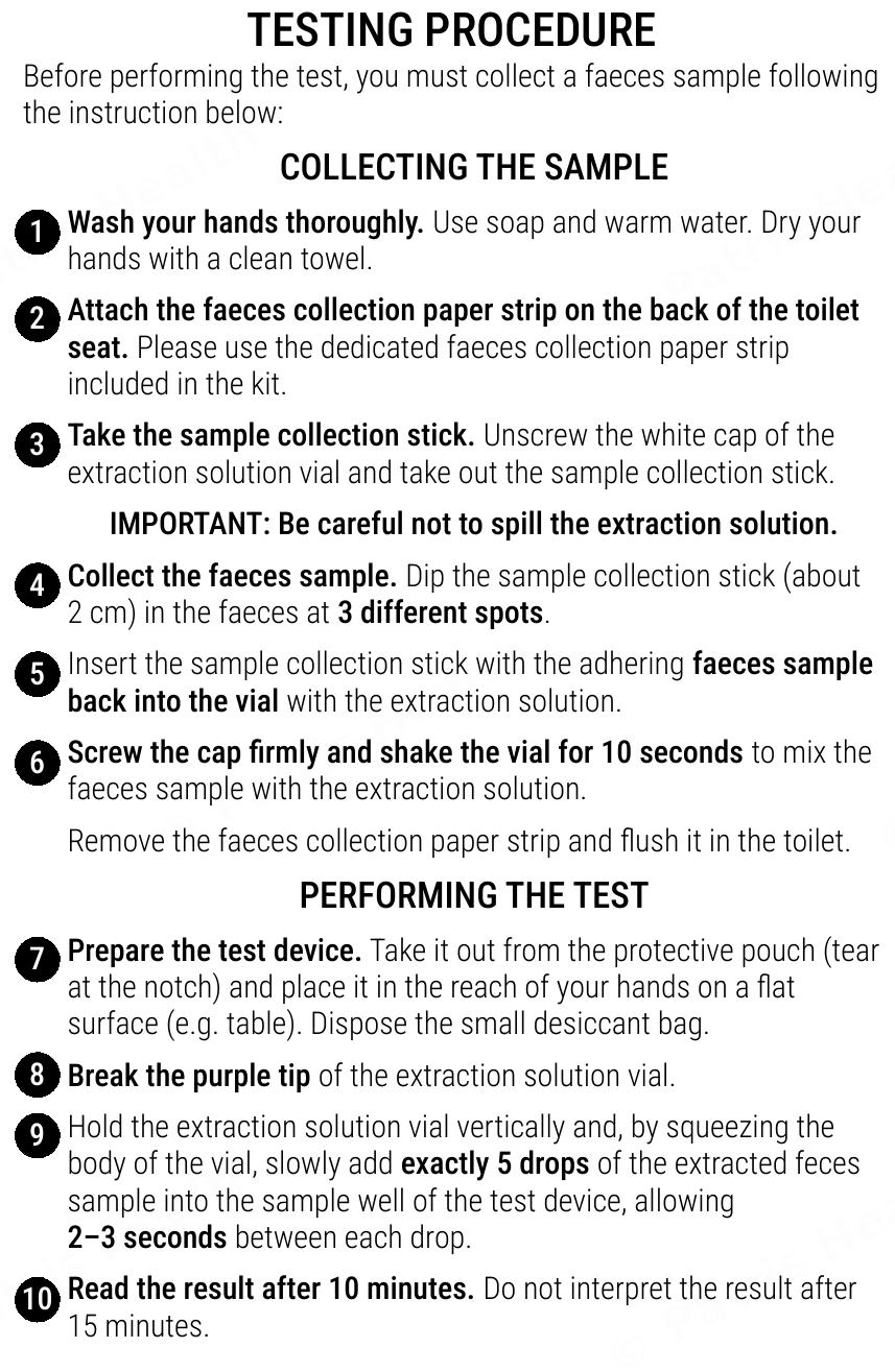 Patris Health Calprotectin Home Test instructions for use – the testing procedure
