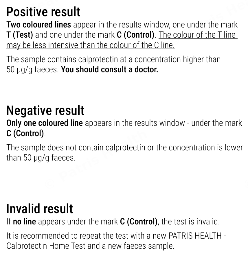 Patris Health Calprotectin Home Test instructions for use – interpretation of the results