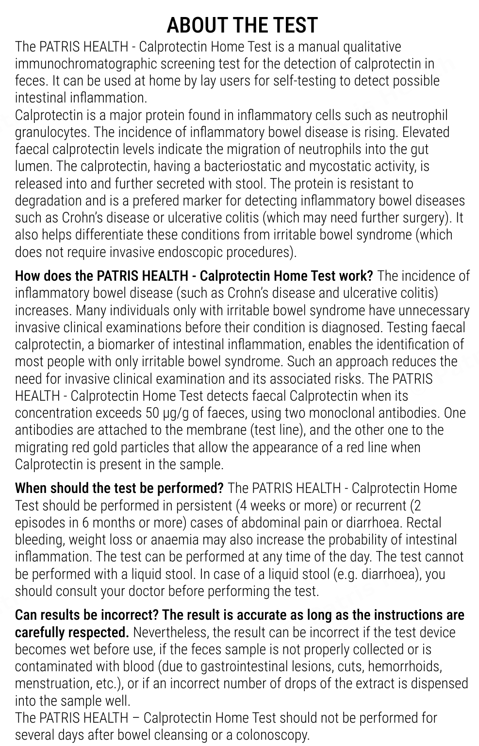 Patris Health Calprotectin Home Test instructions for use – about the test, questions and answers