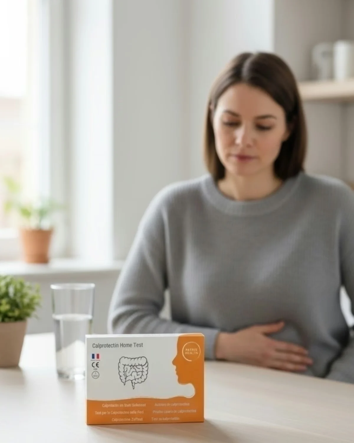 Woman at a table with a glass of water, hand on her stomach, the Patris Health Calprotectin Home Test box in front of her
