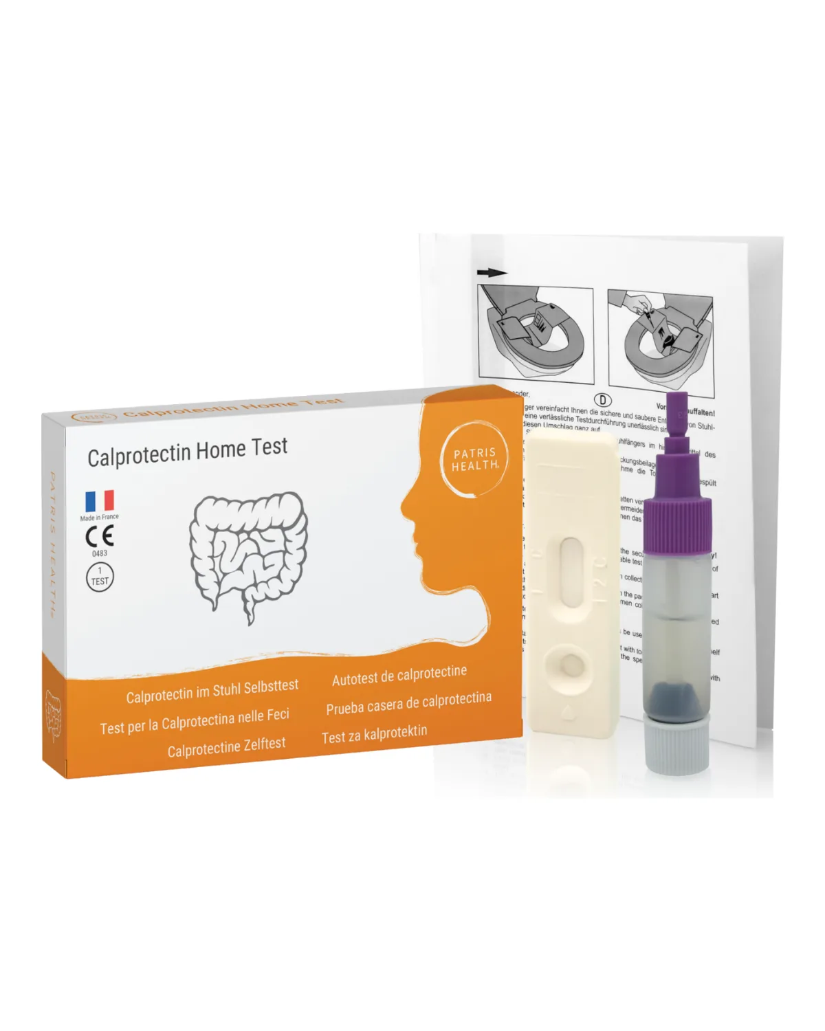 Patris Health Calprotectin Home Test: the box and the contents of the kit