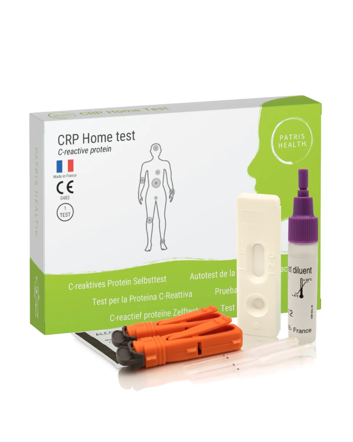 Patris Health self-test kit: carton, test device, pipette, lancet and instructions