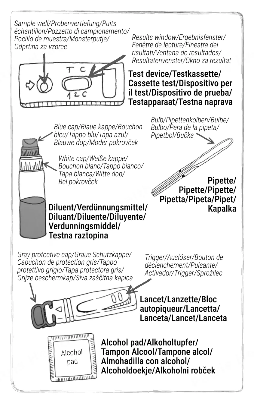 Patris Health Iron Deficiency Home Test instructions for use – the parts of the kit