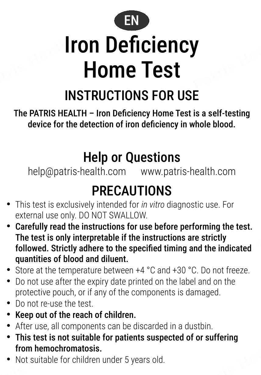 Patris Health Iron Deficiency Home Test instructions for use – precautions