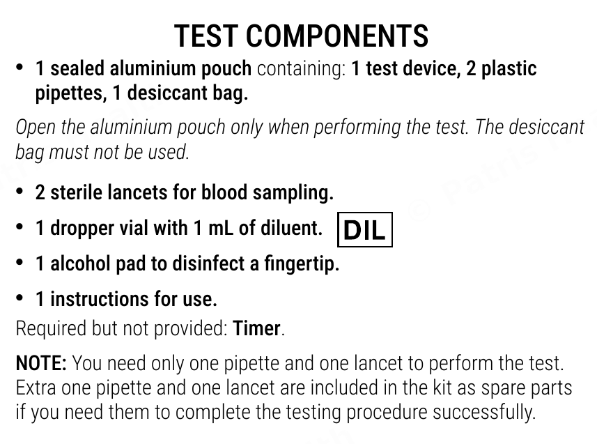 Patris Health Iron Deficiency Home Test instructions for use – test components