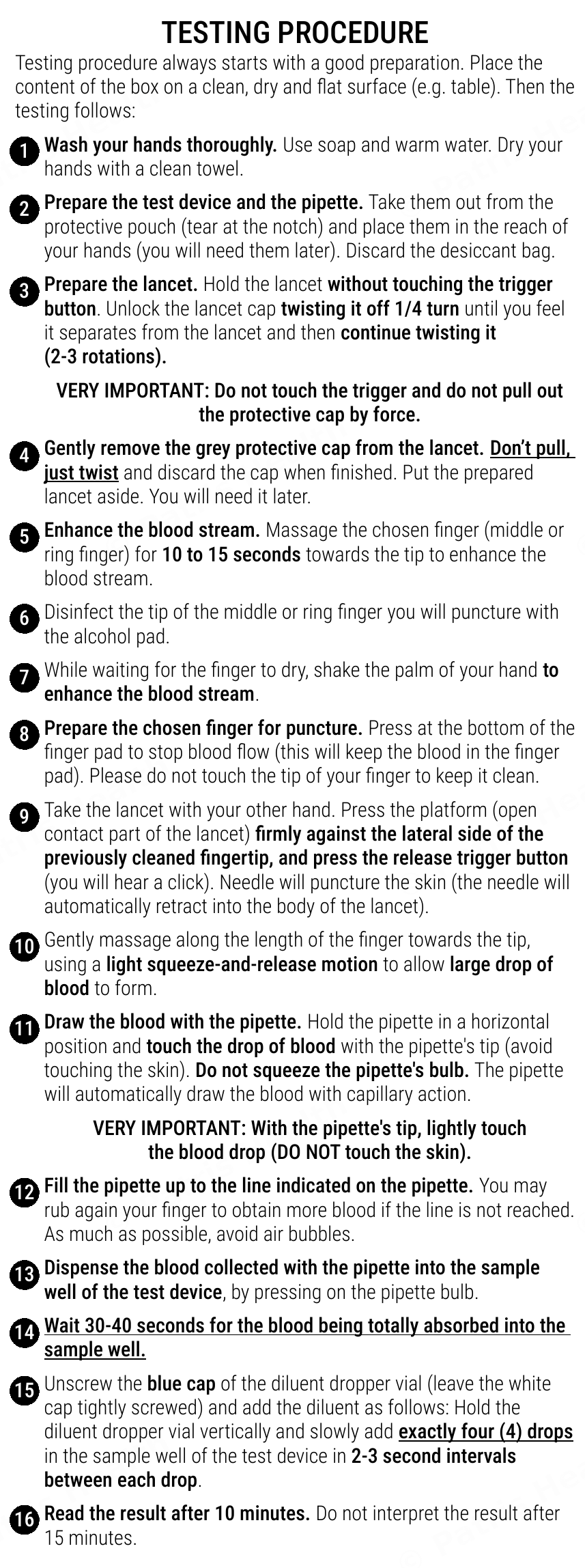 Patris Health Iron Deficiency Home Test instructions for use – the testing procedure