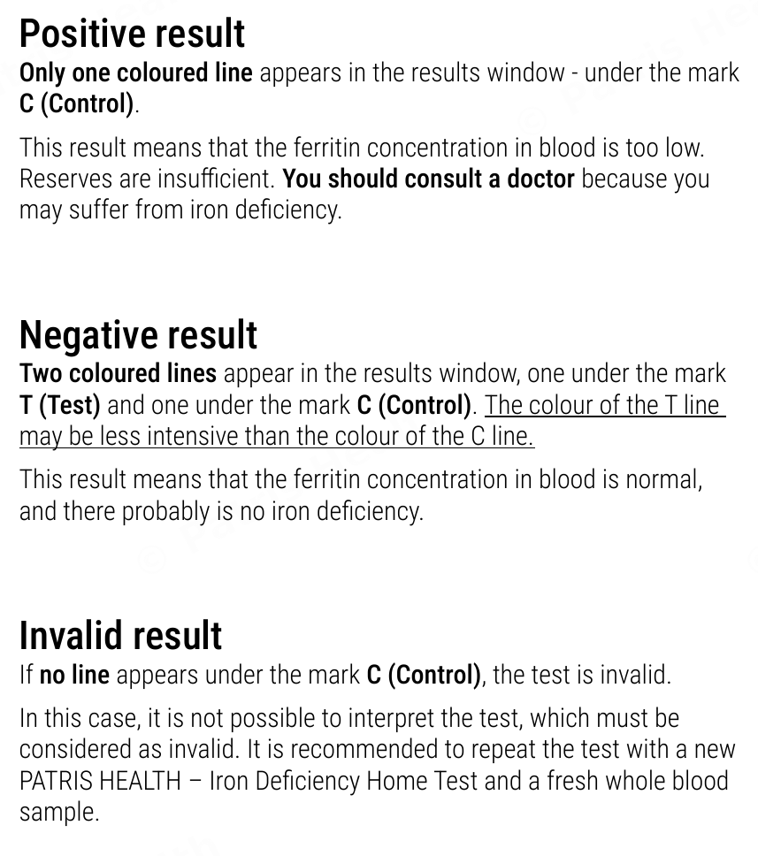 Patris Health Iron Deficiency Home Test instructions for use – interpretation of the results