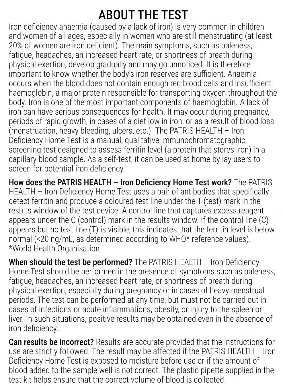 Patris Health Iron Deficiency Home Test instructions for use – about the test, questions and answers
