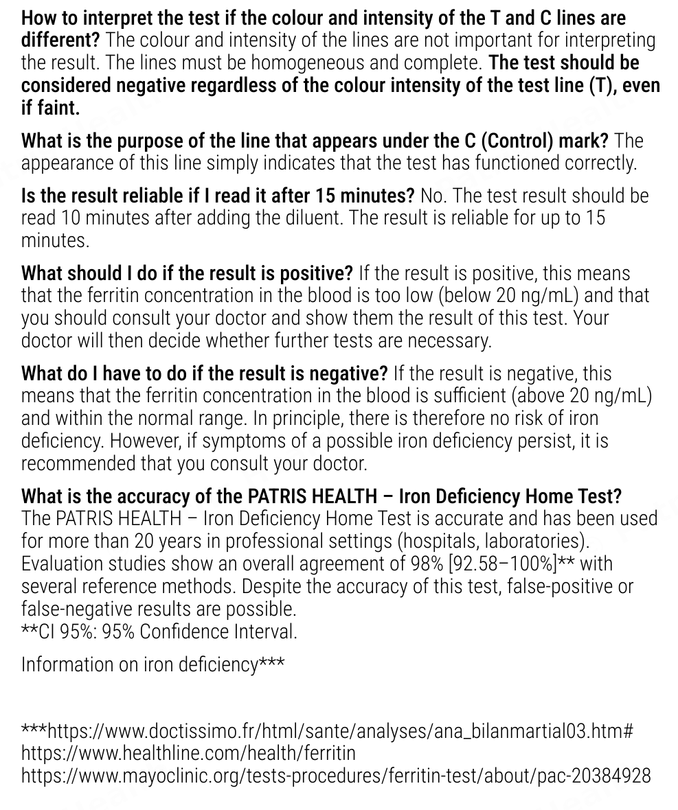 Patris Health Iron Deficiency Home Test instructions for use – about the test, questions and answers (part 2)