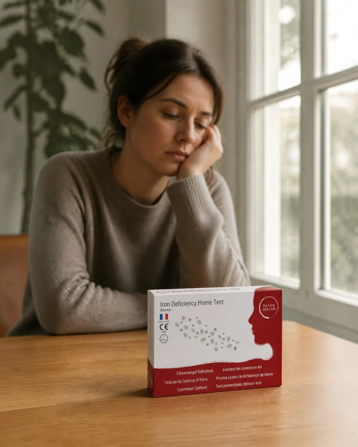 Woman resting her head on her hand at a table, with the Patris Health Iron Deficiency Home Test in front of her