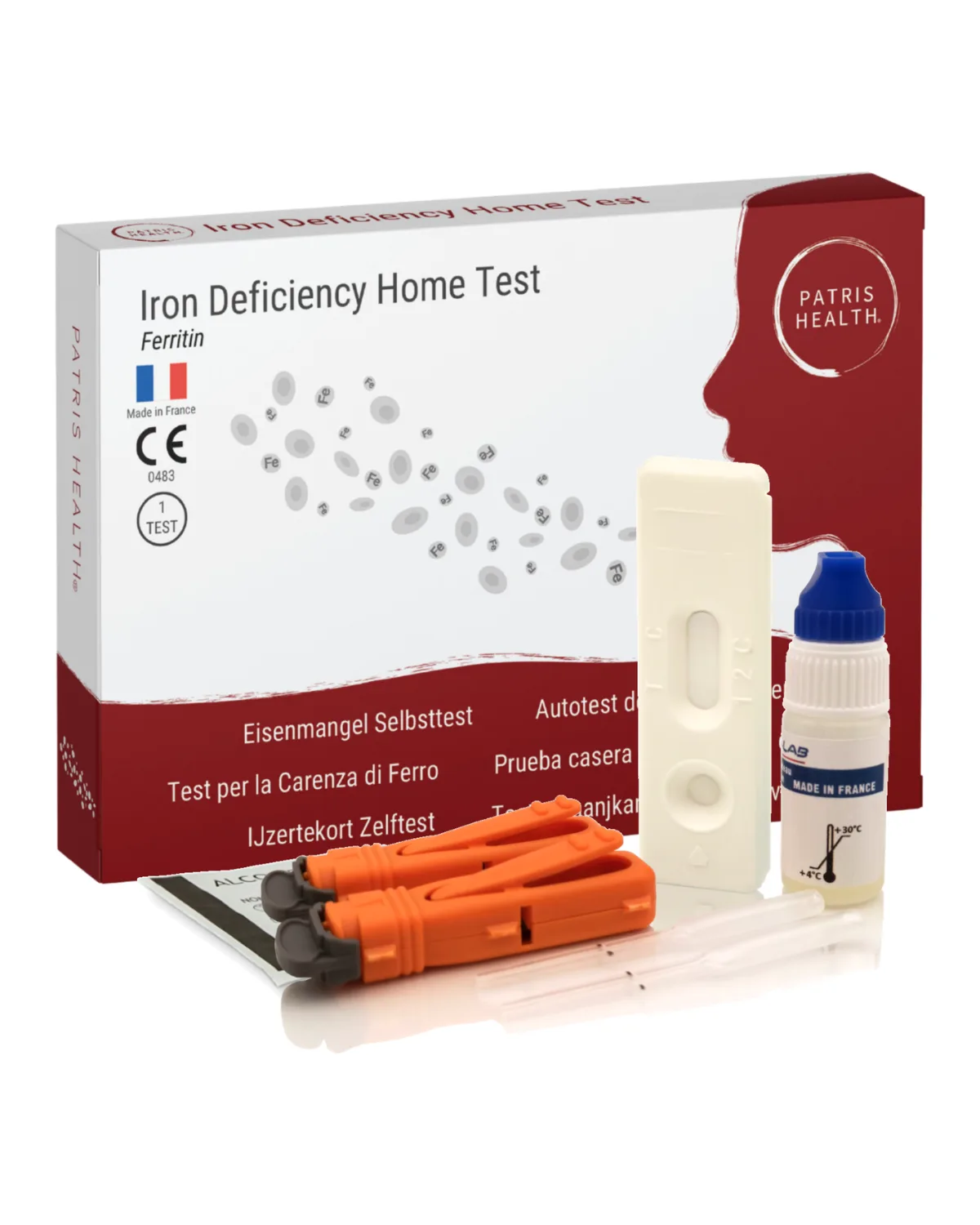 Patris Health Iron Deficiency Home Test: the box and the contents of the kit