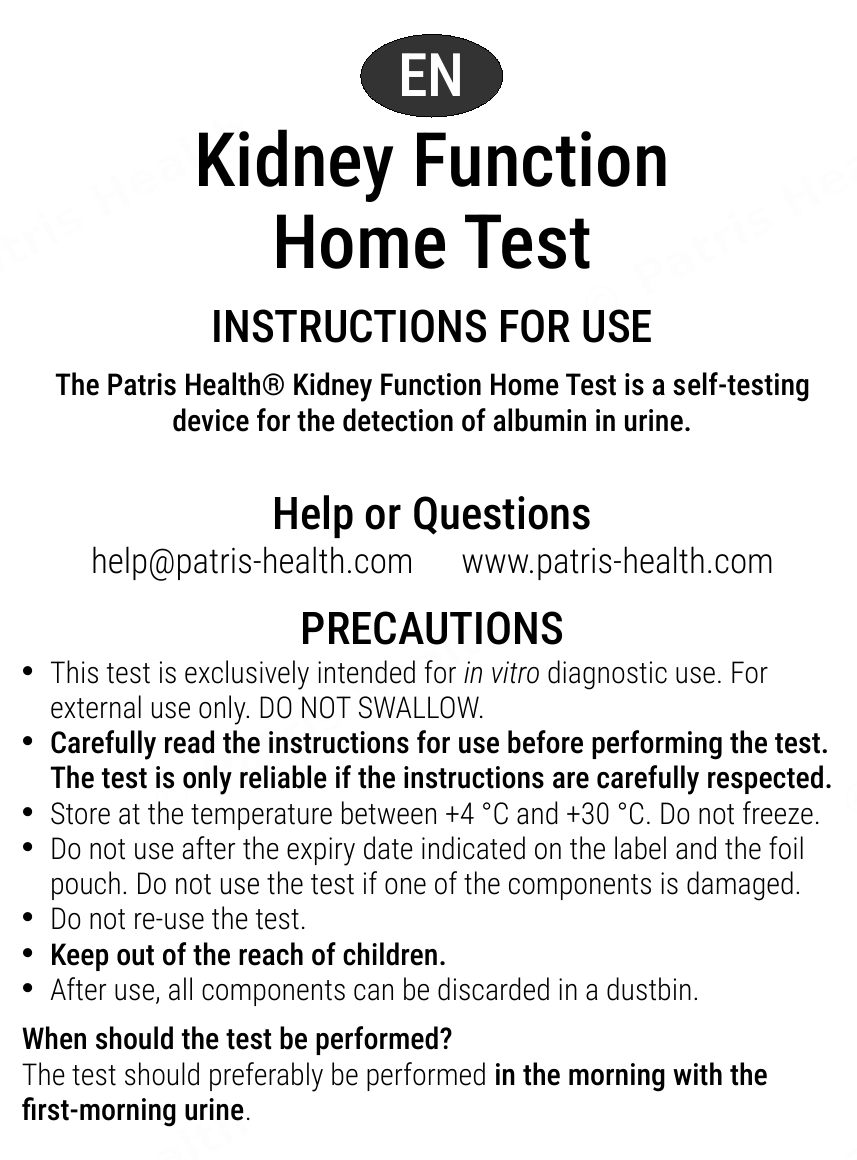 Patris Health Kidney Function Home Test instructions for use – precautions