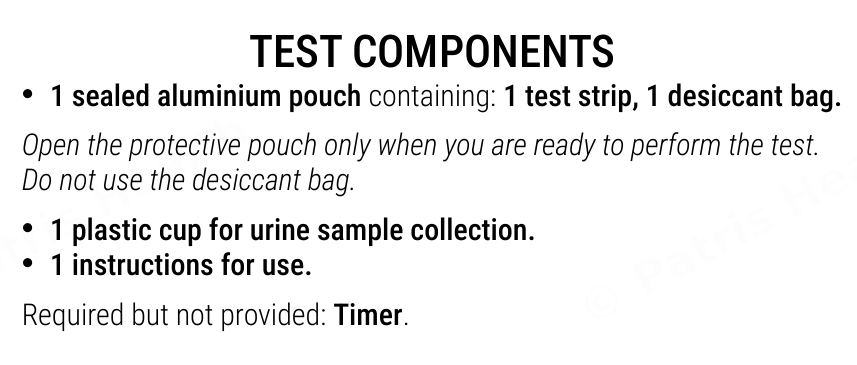 Patris Health Kidney Function Home Test instructions for use – test components