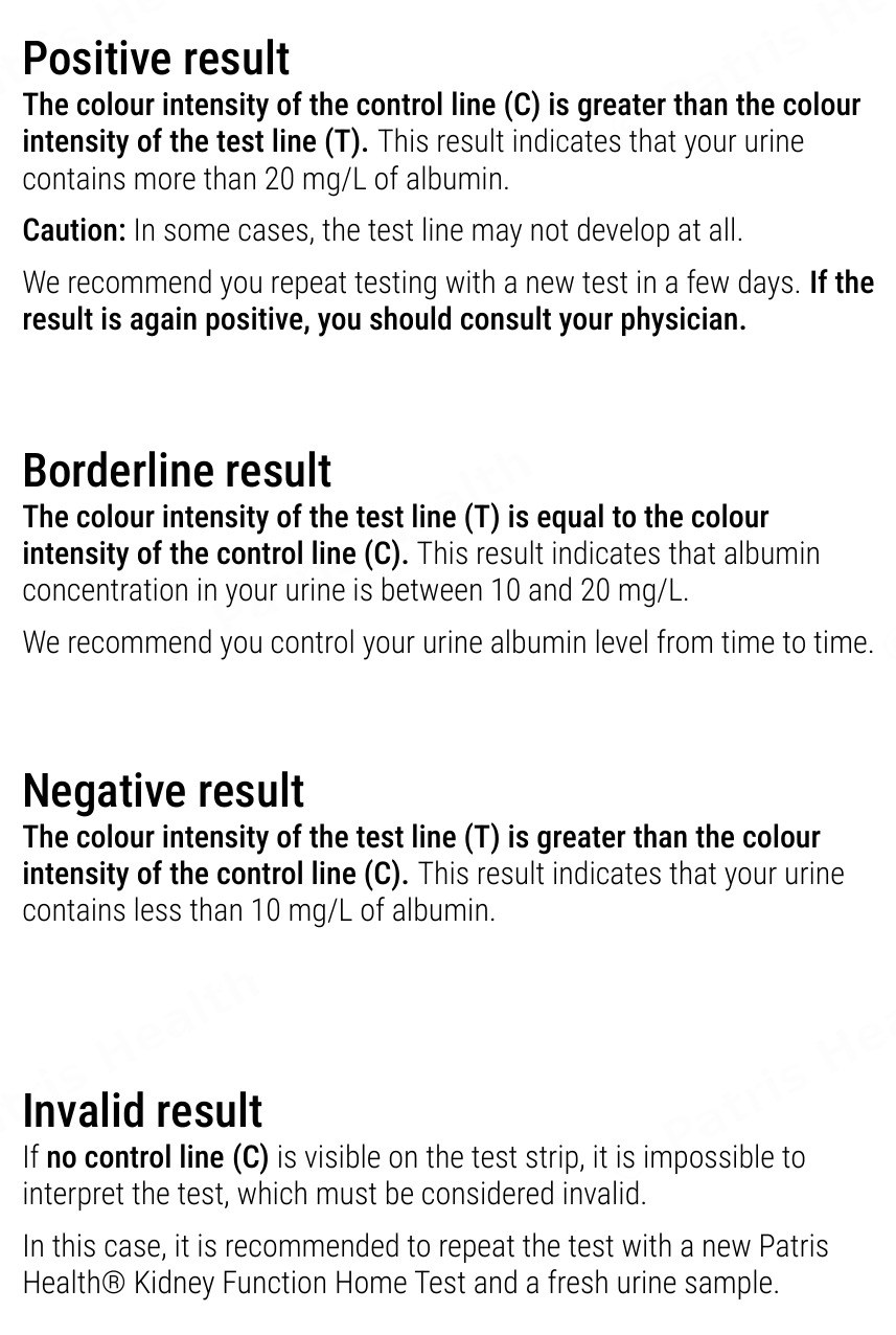 Patris Health Kidney Function Home Test instructions for use – interpretation of the results