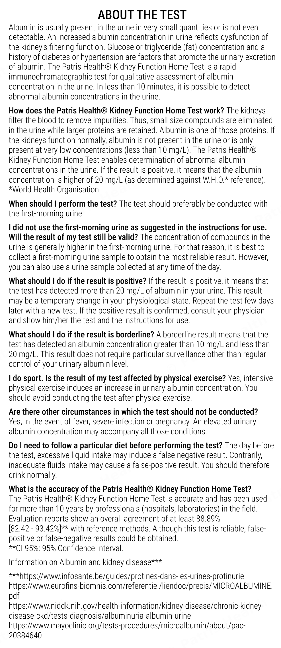 Patris Health Kidney Function Home Test instructions for use – about the test, questions and answers