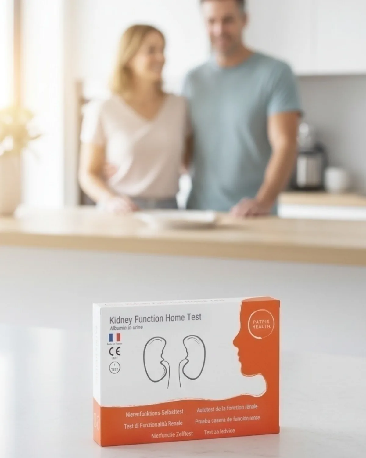 Patris Health Kidney Function Home Test box on a kitchen counter, a couple in the background