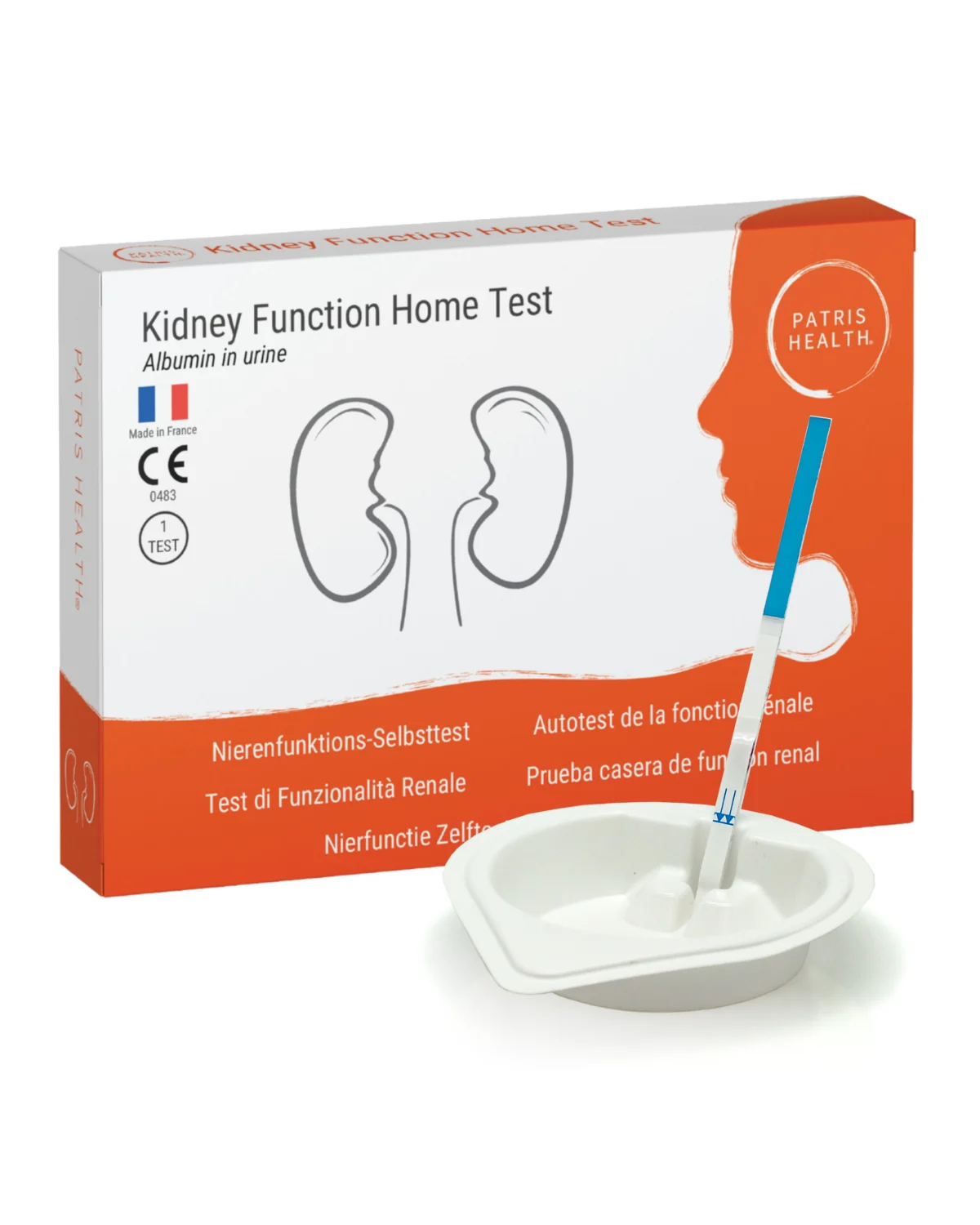 Patris Health Kidney Function Home Test: the box, the urine cup and the test strip