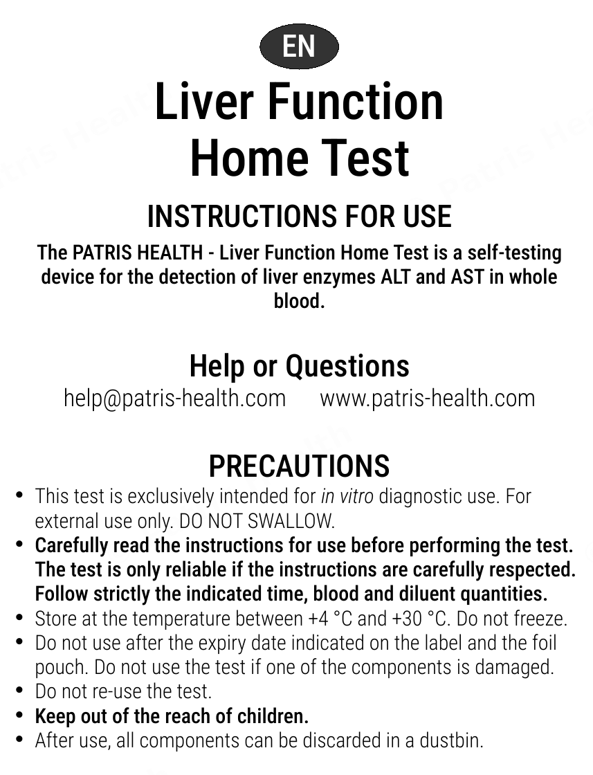 Patris Health Liver Function Home Test instructions for use – precautions