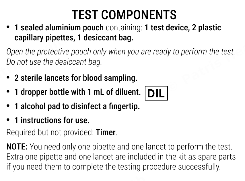 Patris Health Liver Function Home Test instructions for use – test components
