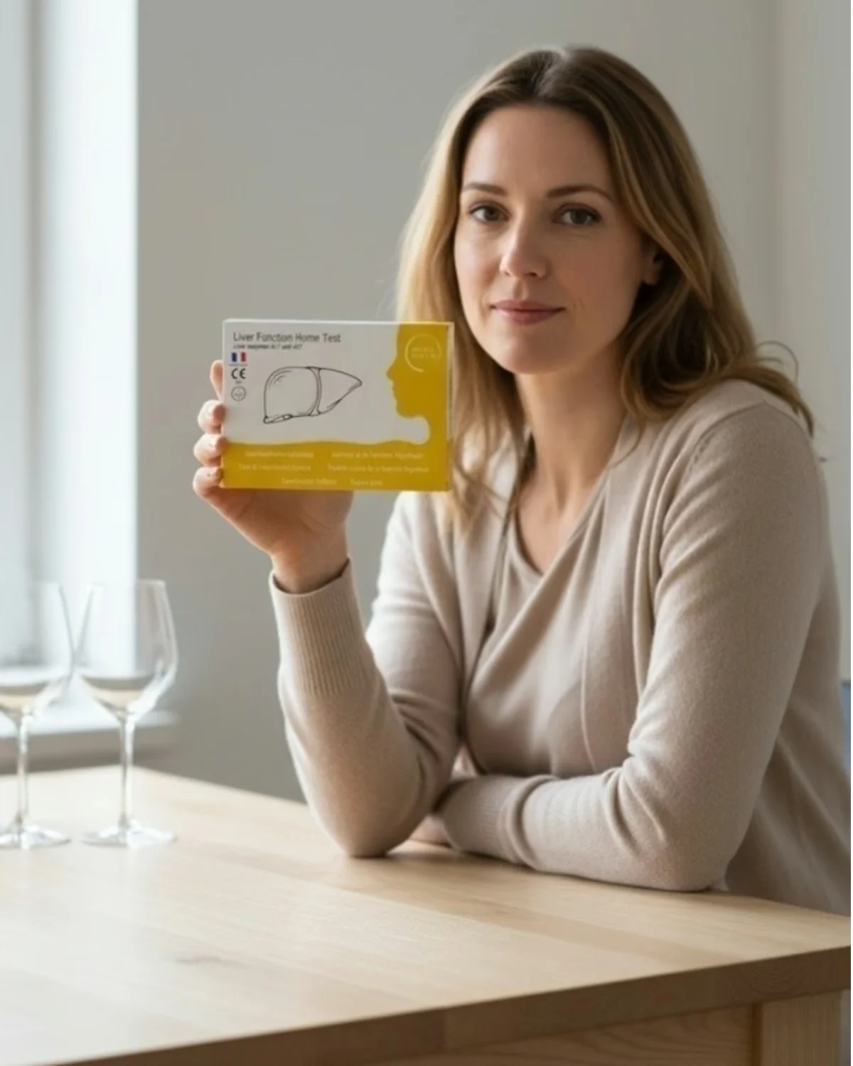 Woman sitting at a table holding the Patris Health Liver Function Home Test, two empty wine glasses beside her