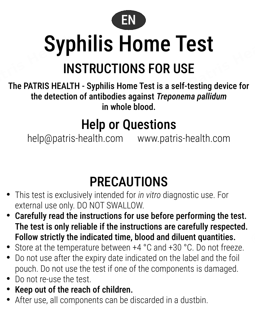 Patris Health Syphilis Home Test instructions for use – precautions