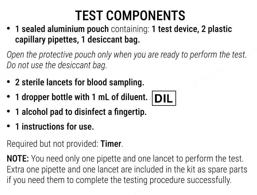 Patris Health Syphilis Home Test instructions for use – test components