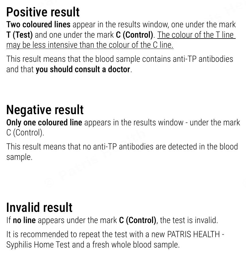Patris Health Syphilis Home Test instructions for use – interpretation of the results