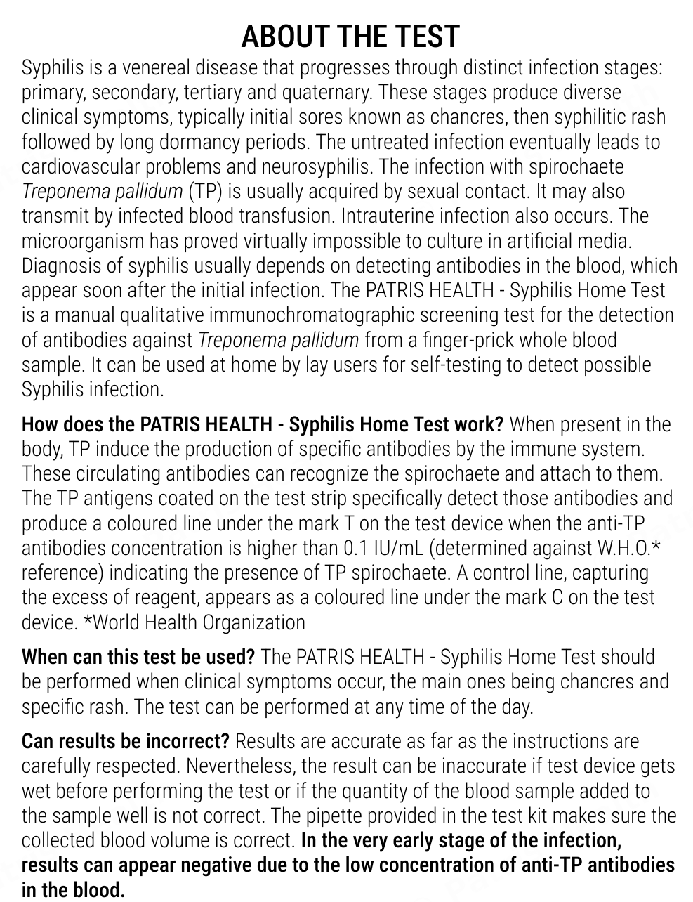 Patris Health Syphilis Home Test instructions for use – about the test, questions and answers