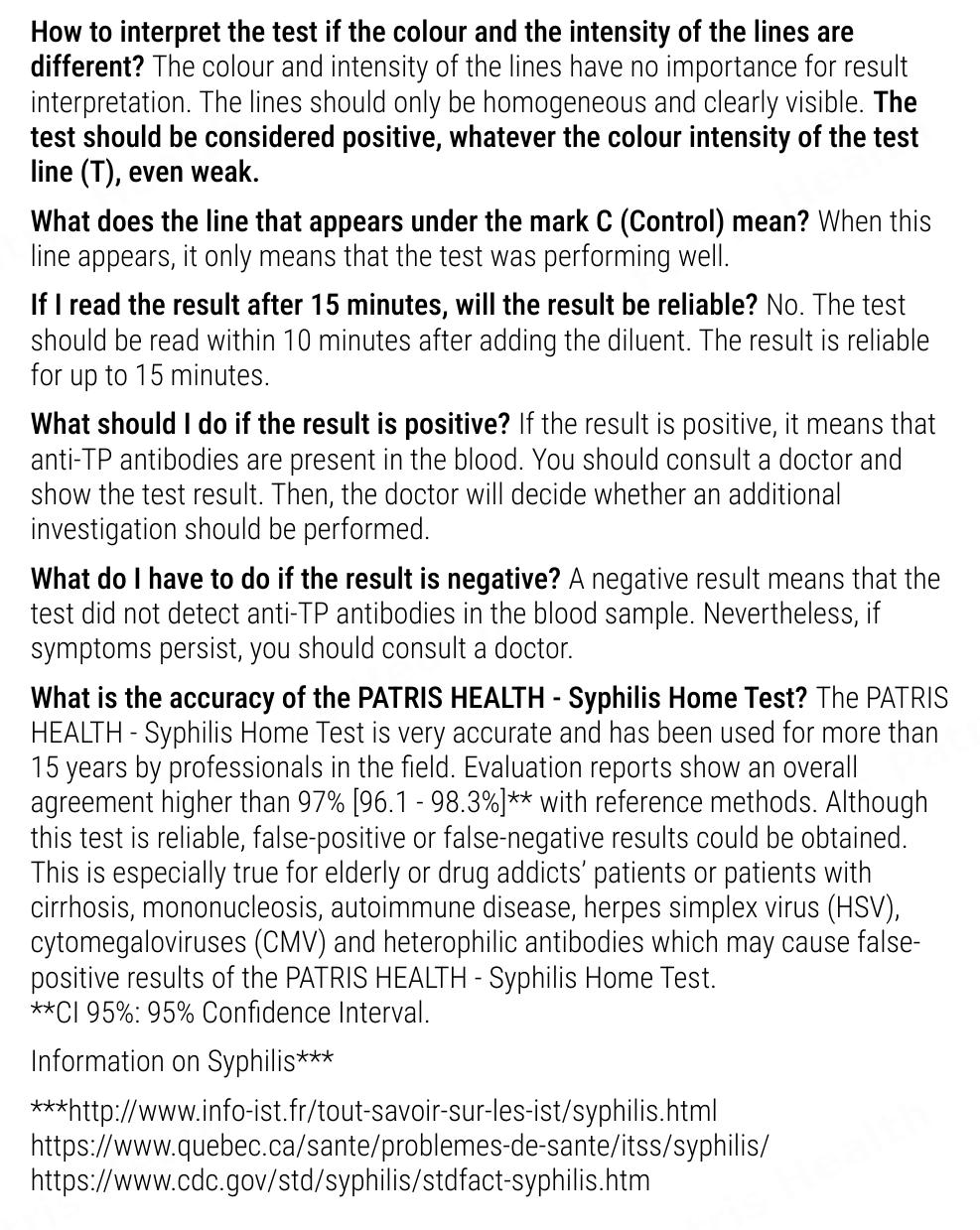Patris Health Syphilis Home Test instructions for use – about the test, questions and answers (part 2)