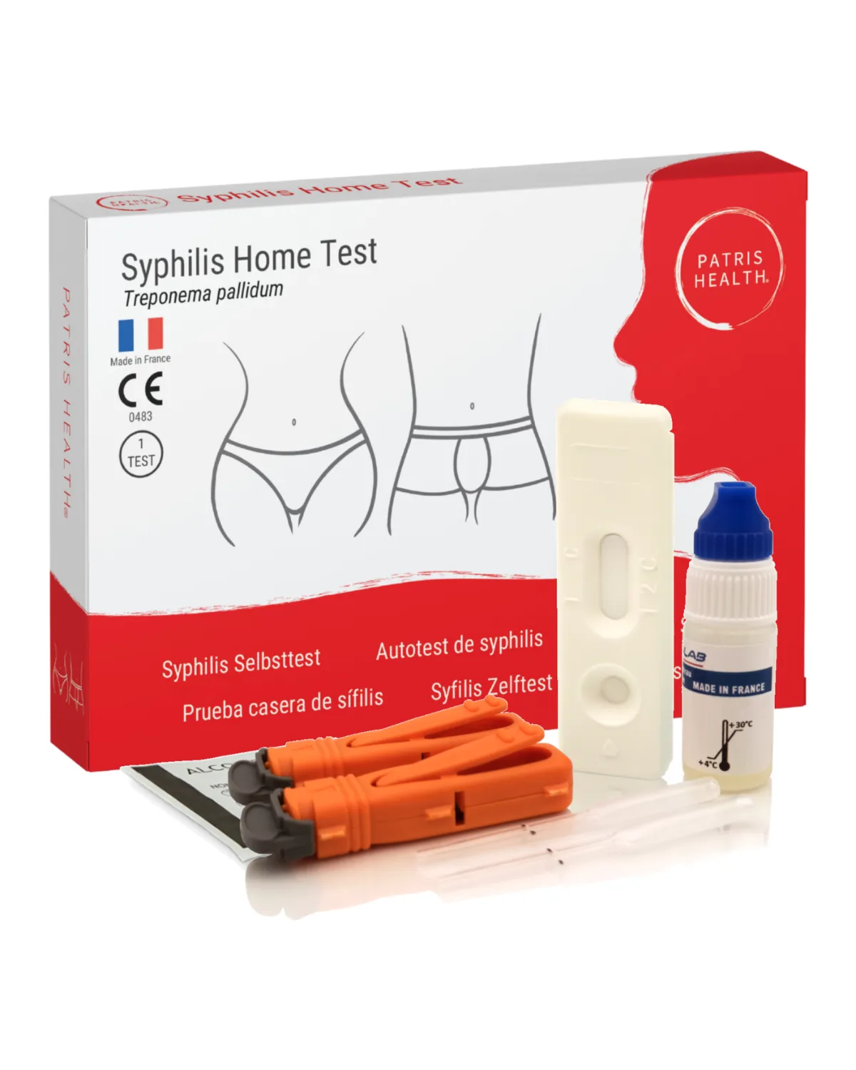Patris Health Syphilis Home Test: the box and the contents of the kit