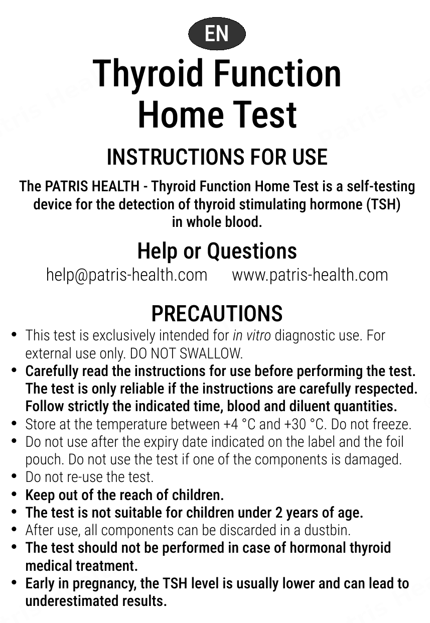 Patris Health Thyroid Function Home Test instructions for use – precautions