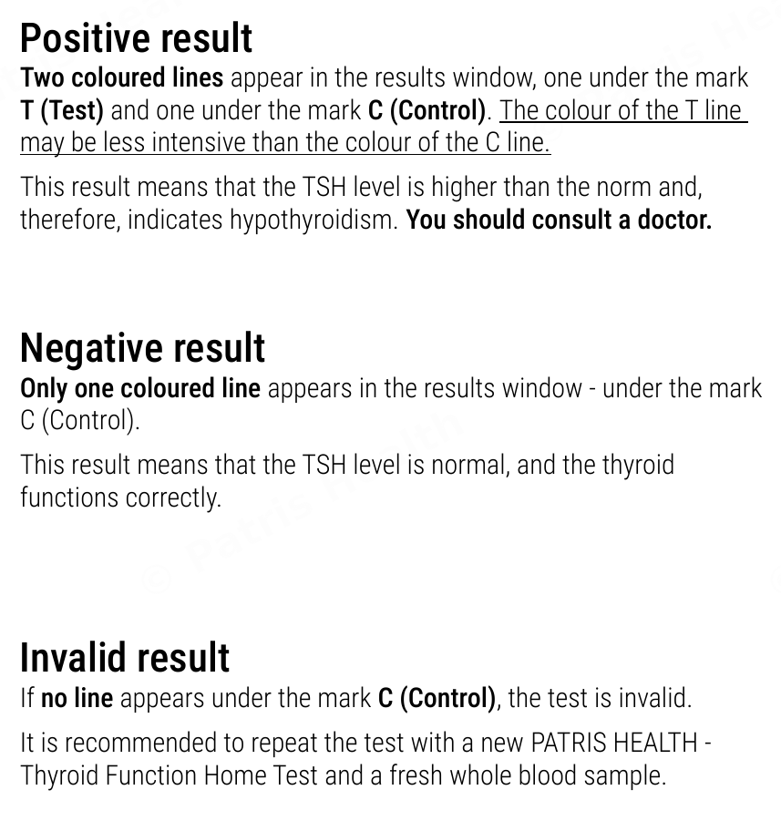 Patris Health Thyroid Function Home Test instructions for use – interpretation of the results