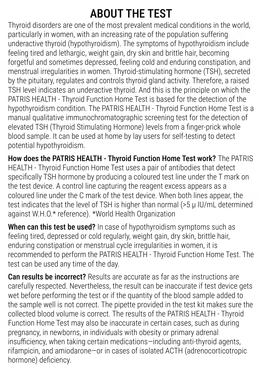 Patris Health Thyroid Function Home Test instructions for use – about the test, questions and answers